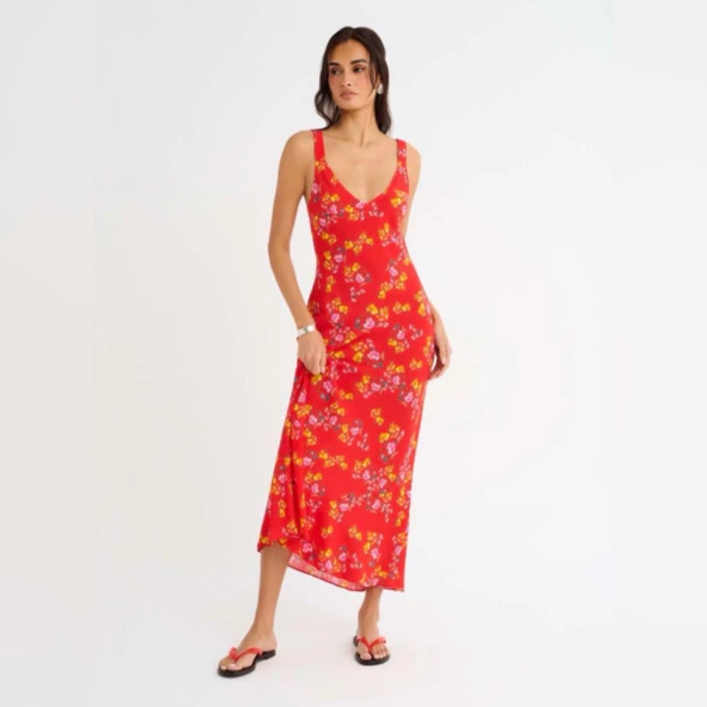 Rumored Red Floral Slip Maxi Dress with Yellow & Pink Accents